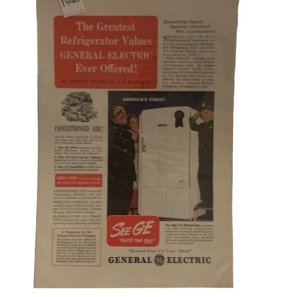Vintage 1940 General Electric GE Greatest Refrigerator Value Ad Advertisement